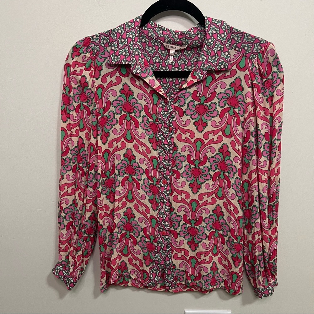 ESQUALO Floral-Leaf Paisley Long Sleeve Blouse Work Office Career Wear Spring